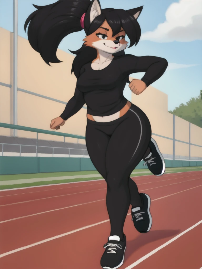 Furry, fox, female, black shirt, black leggings, shoes, running track, solo, full body