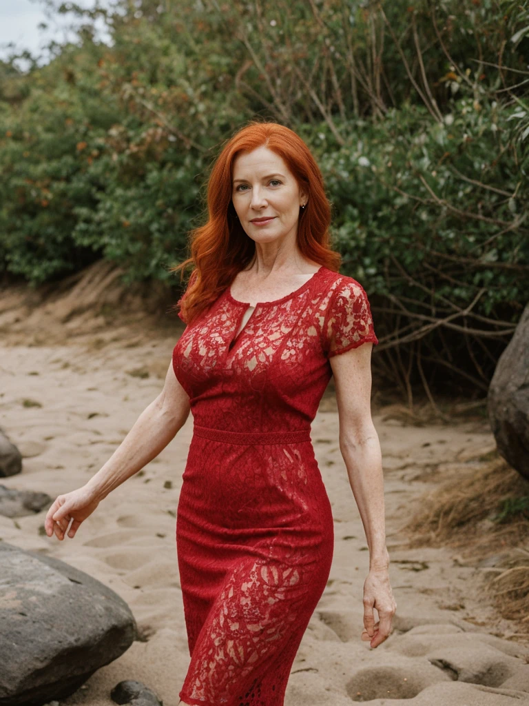 RAW PHOTO, her name is Sophia, high quality, 1 old woman, ((40-year-old hourglass body irish woman)), (((40 years old))), (old body), milf, (((red hair))), (pale skin), she is wearing a sexy crochet dress, dynamic pose, BREAK, BACKGROUND: outdoor, beach, instagram photo, film grain