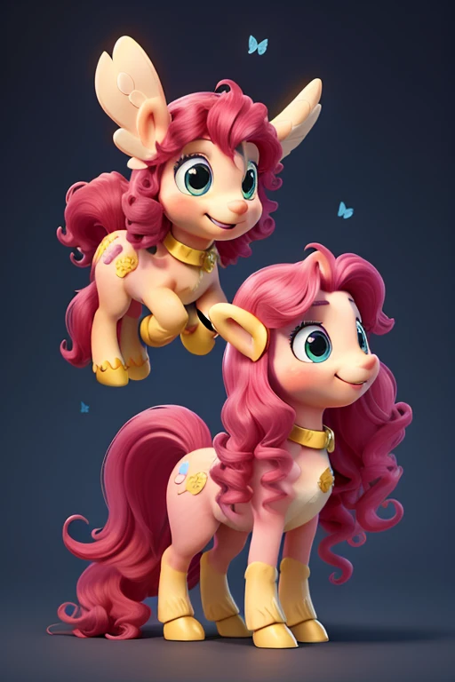  yellow pegasus with pink and wavy hair,navy blue eyes,And Cutie mark is three pink butterflies,estilo my little pony a amizade eh magica g4