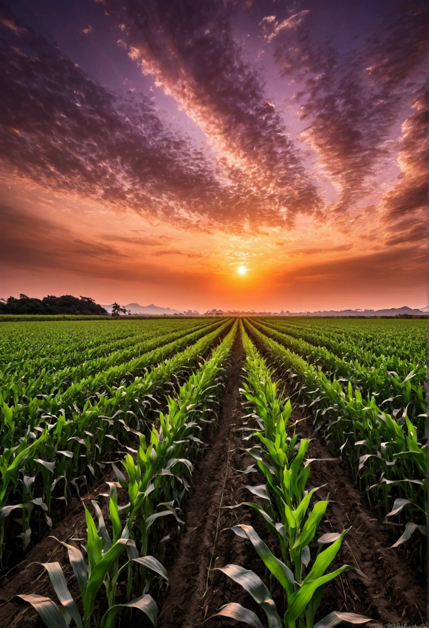 当sun开始下山时, Casting Warmth, The horizon is golden, Imagine standing in a vast cornfield.. Stem, Swaying gently in the evening breeze, Creating mesmerizing patterns in the sky. Ultra-wide-angle viewing angle, The scene unfolds dramatically. sun, Fireball, Falling to a lower level, Paint the clouds with orange tones, pink, and purple. Endless rows of corn, 汇聚到地平线上sun与地球接触的焦点. Shadow lengthens, Add depth and contrast to landscapes. This is a peaceful and beautiful moment,Captured in one frame, Invoke a sense of awe and tranquility,Real picture