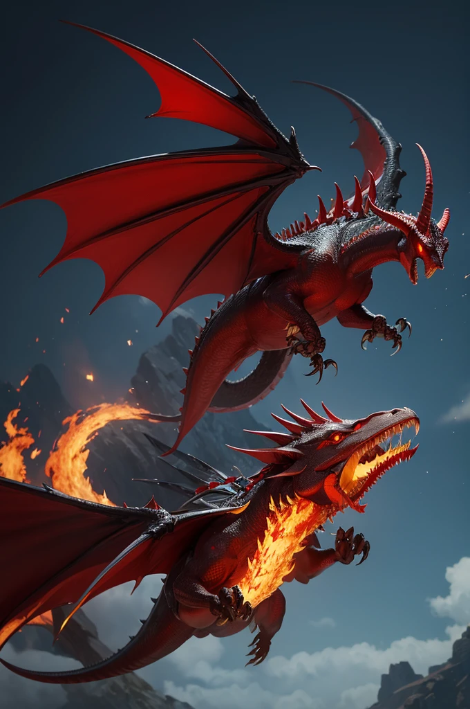 Wyvern, with scarlet scales, 4 pairs of horns, flying, and releasing golden fire from his mouth, black claws, black eye, 