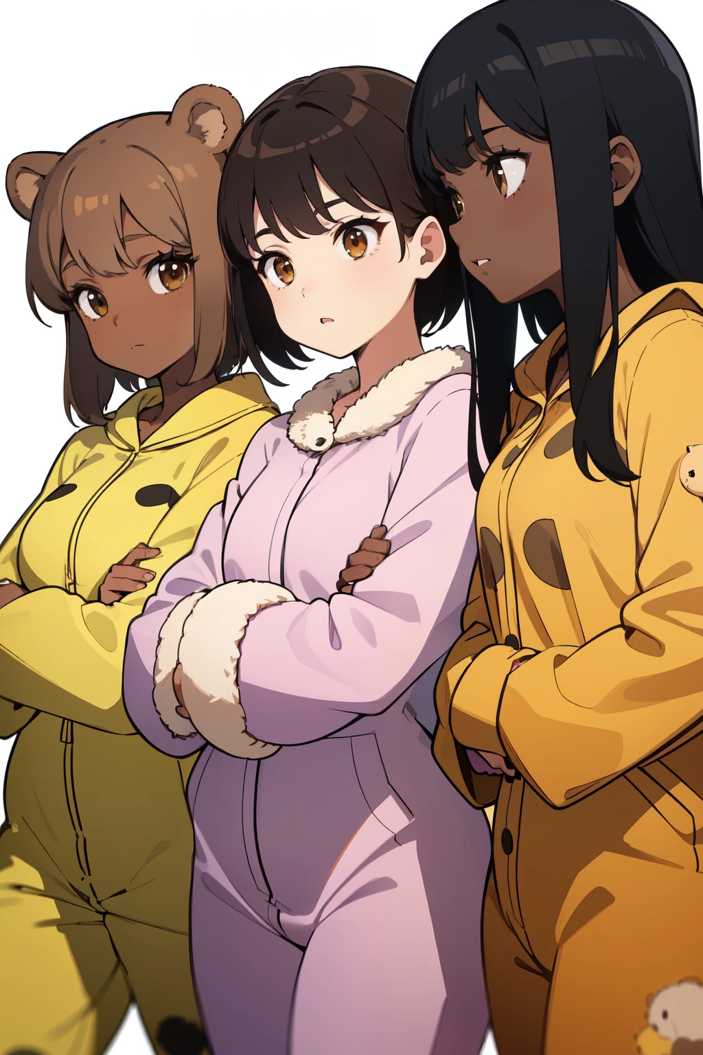 3 friends eating, (the first girl with short black hair, Dark skin, Brown eyes, dressed in a grizzly bear coat) ( the second girl with shoulder length hair, brownish skin, Brown eyes y con lentes ,dressed in a hamster jumpsuit) ( the third girl with long black hair, Brown eyes y piel blanca, dressed in yellow cat pajamas)