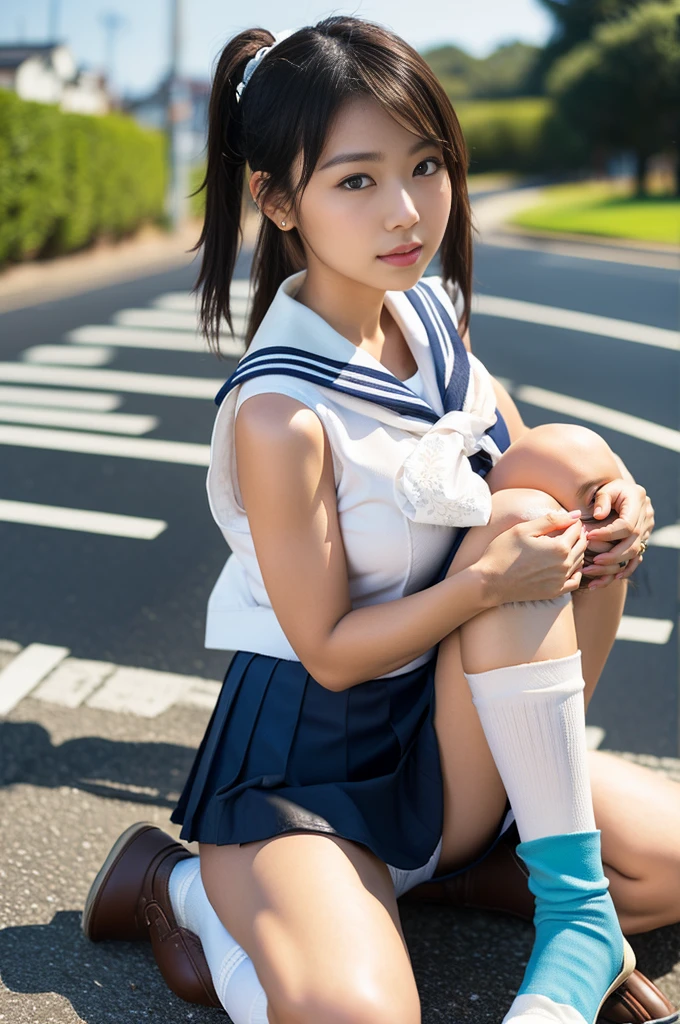(8k、Ultra-high resolution、Highest quality、Masseter muscle area、Photorealistic、Ultra-high resolution)、(Clothes that accentuate the shape of the breasts:1.0)、(Small breasts :1.3)、(Small Tits、Quite small breasts、Beautiful ass:1.18)、(Sit with your legs slightly apart、Put your hands on your knees)、(Black hair twin tails:1.15)Japanese women、So cute、meaty belly、Chubby belly、((((Sailor suit))))、(((Navy Blue Skirt)))、(((White and light blue panties)))、((((White loose socks))))、((((Brown leather shoes))))、(Outdoor Roads)、((((Low - Angle))))、
