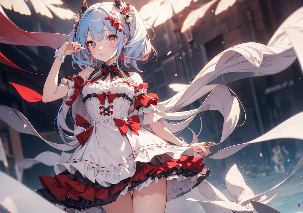 Realistic photos, Focus distance 10mm, Red and white, A big smile, Beautiful girl, Realistic photos, Focus distance 10mmで撮影, masterpiece, 最high quality, high quality, Very detailed CG 8k wallpaper unit, Award-winning photography, Depth of written boundary, High resolution, bloom, chromatic aberration, Realistic, Very detailed, Art Station Trends, CGsociety Trends, Complex, High detail, dramatic, Art on the go, volumetric lighting, A beautiful girl who is an anthropomorphized macaron。She looks adorable with her pastel-colored hair and colorful macaron dress.