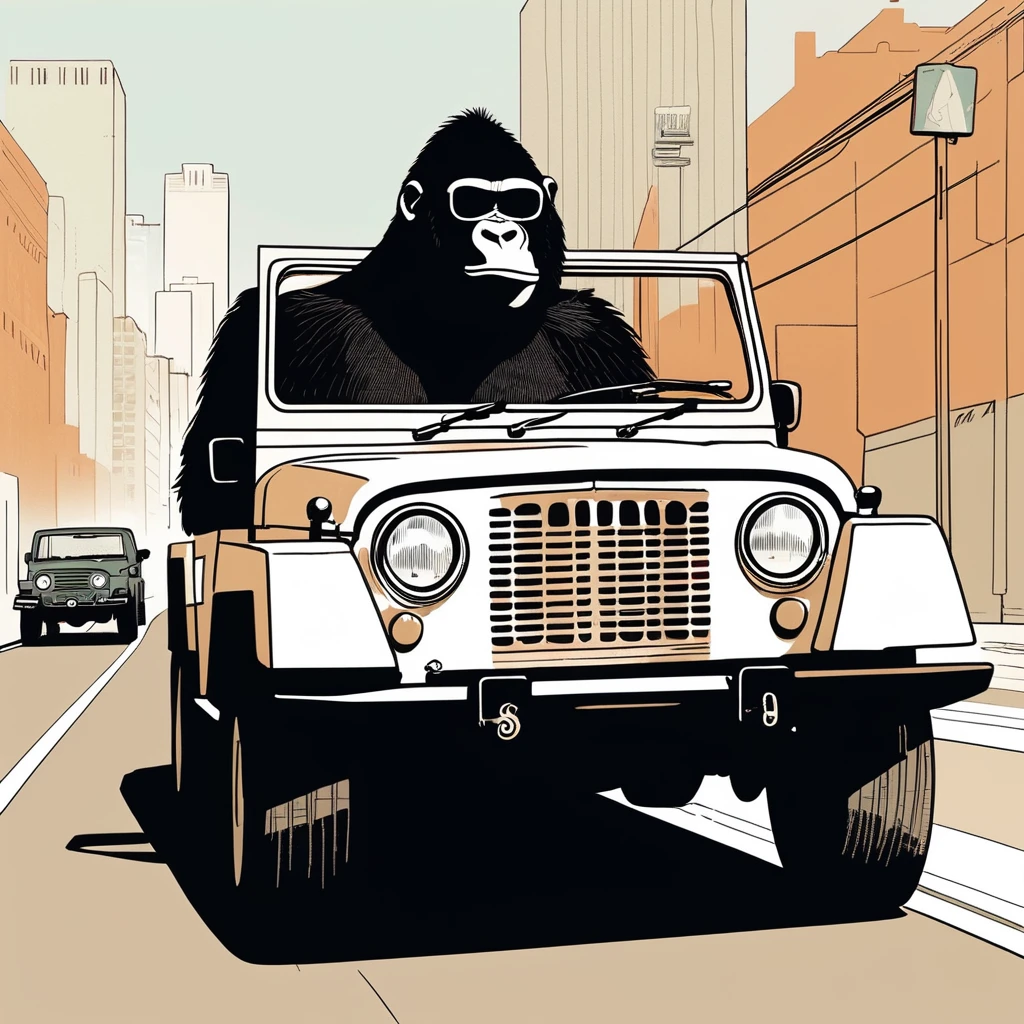gorilla-like , sweet,very cute,art by Sophie Roach , art by Jon Klassen , art by Michael Cho , art by Sophie Roach、sunglasses,smoking,city、driving,jeep