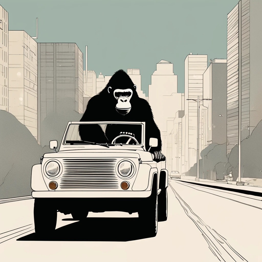gorilla-like , sweet,very cute,art by Sophie Roach , art by Jon Klassen , art by Michael Cho , art by Sophie Roach、sunglasses,smoking,city、driving,jeep