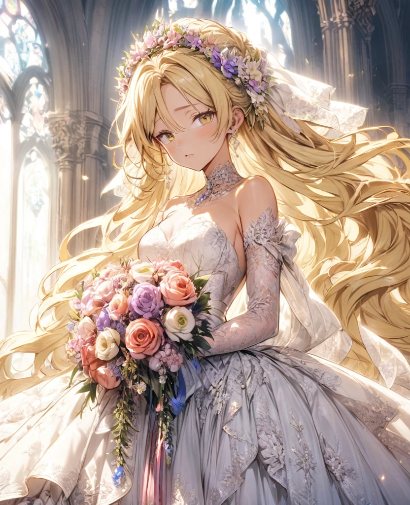 boyish Slanted Eyes Blonde whole body Wedding dress moonlight bouquet