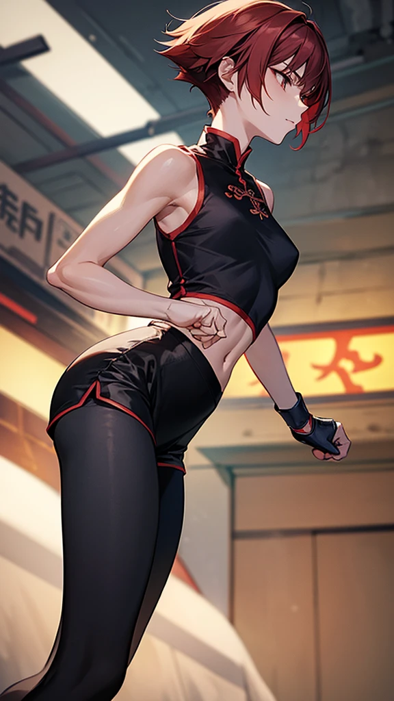 {{masterpiece}}, {{{best quality}}},{{ultra-detailed}}, {{illustration}},{{tall stature}},{{adult women}},skinny,Small breasts,Slender body,{{fighting stance}},((Leggings with integrated shorts)),((Black leggings)) Female karate Red hair short cut Sleeveless uniform Martial Arts Belt ,Chinese style,Cowboy Shot, black fingerless gloves,Street Fight,Slums during the day,1 female,alone, Elbow guard