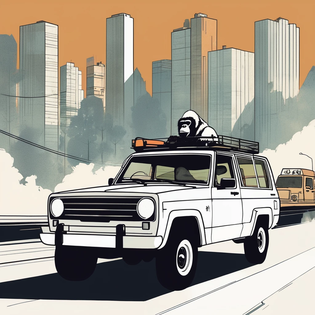 gorilla-like , sweet,very cute,art by Sophie Roach , art by Jon Klassen , art by Michael Cho , art by Sophie Roach、sunglasses,smoking,city、driving,jeep