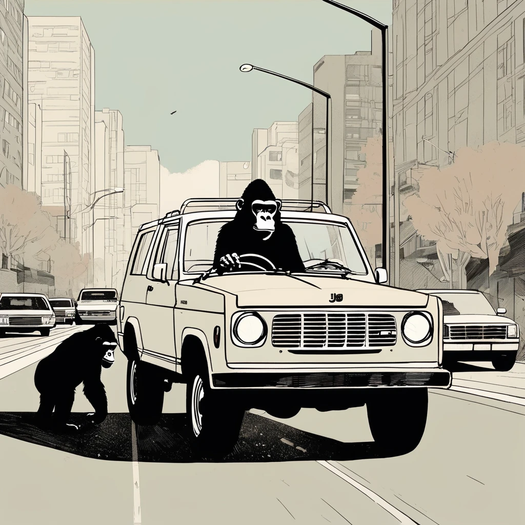 gorilla-like , sweet,very cute,art by Sophie Roach , art by Jon Klassen , art by Michael Cho , art by Sophie Roach、sunglasses,smoking,city、driving,jeep