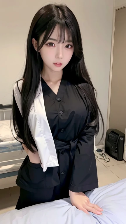 Black Hair、Long Hair、Nurse uniform、In the hospital、H Cup、Open Mouth、Beautiful teeth、Duck mouth、Japanese、Model in her 20s、whole、Are standing、The chest is visible、H Cup、bed、Stethoscope、Medical Record
