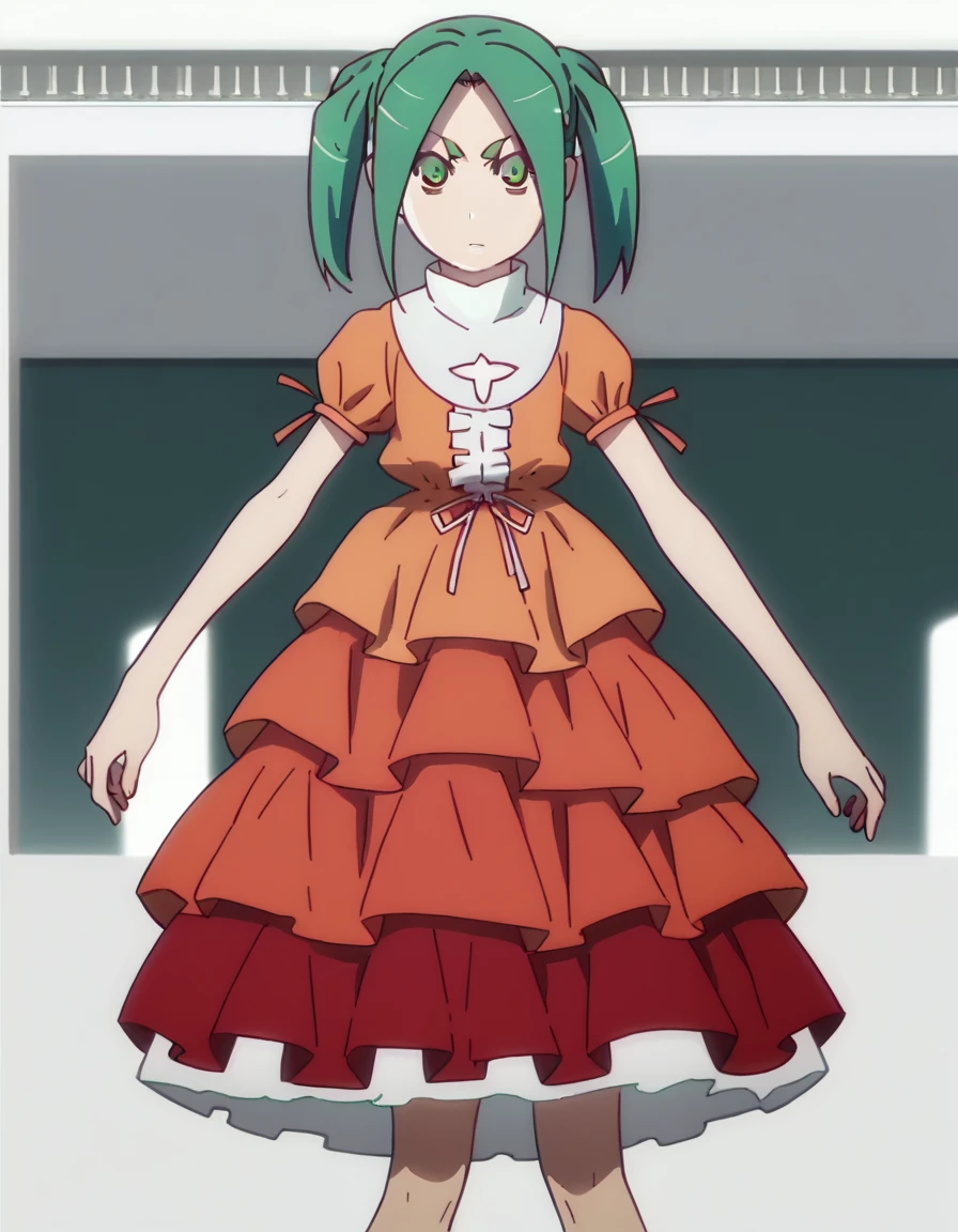 score_9, score_8_up, score_7_up, source_anime, anime screencap, anime coloring, flat shading,Yotsugiononoki,1girl,green hair,twintails,green eyes,
orange has,dress,