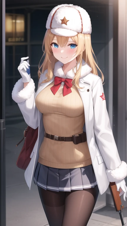 (masterpiece, best quality:1.2),illustration,8k,hd,city,1girl,solo,cowboy shot,mosin-nagant (girls frontline),ushanka,belt,belt pouch,blonde hair,blue eyes,white jacket,white headwear,ribbed sweater,white skirt,red star,blush,fur hat,fur trim,knee boots,black pantyhose,long hair,smile,white gloves,pleated skirt,brown footwear,