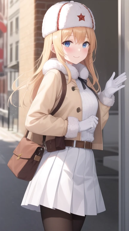 (masterpiece, best quality:1.2),illustration,8k,hd,city,1girl,solo,cowboy shot,mosin-nagant (girls frontline),ushanka,belt,belt pouch,blonde hair,blue eyes,white jacket,white headwear,ribbed sweater,white skirt,red star,blush,fur hat,fur trim,knee boots,black pantyhose,long hair,smile,white gloves,pleated skirt,brown footwear,