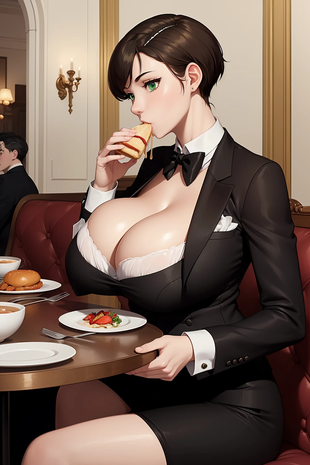 (masterpiece, best quality:1.4), illustration, 8k, hd, 1girl, solo, really_short_hair, brown_hair, butler clothes,  no underwear, black coat, green_eyes, cleavage, black trousers, butler, white butler, ((big breast, eating. sitting)), (restaurant, café)