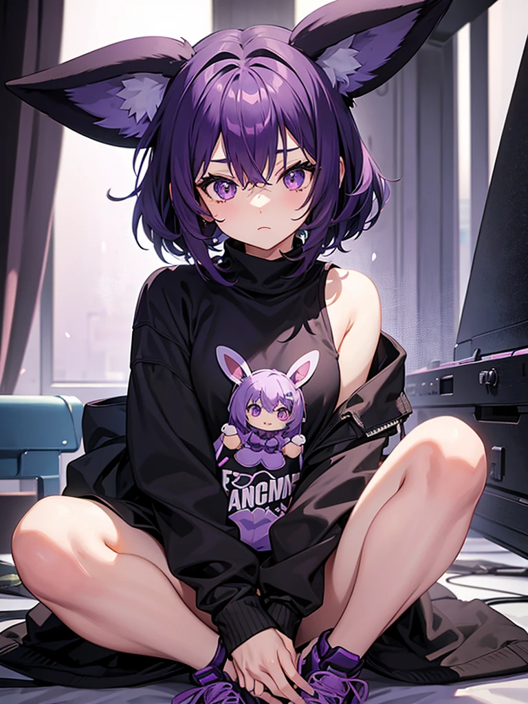  cute anime girl in black sweatshirt with short purple hair with big purple bunny ears with purple eyes