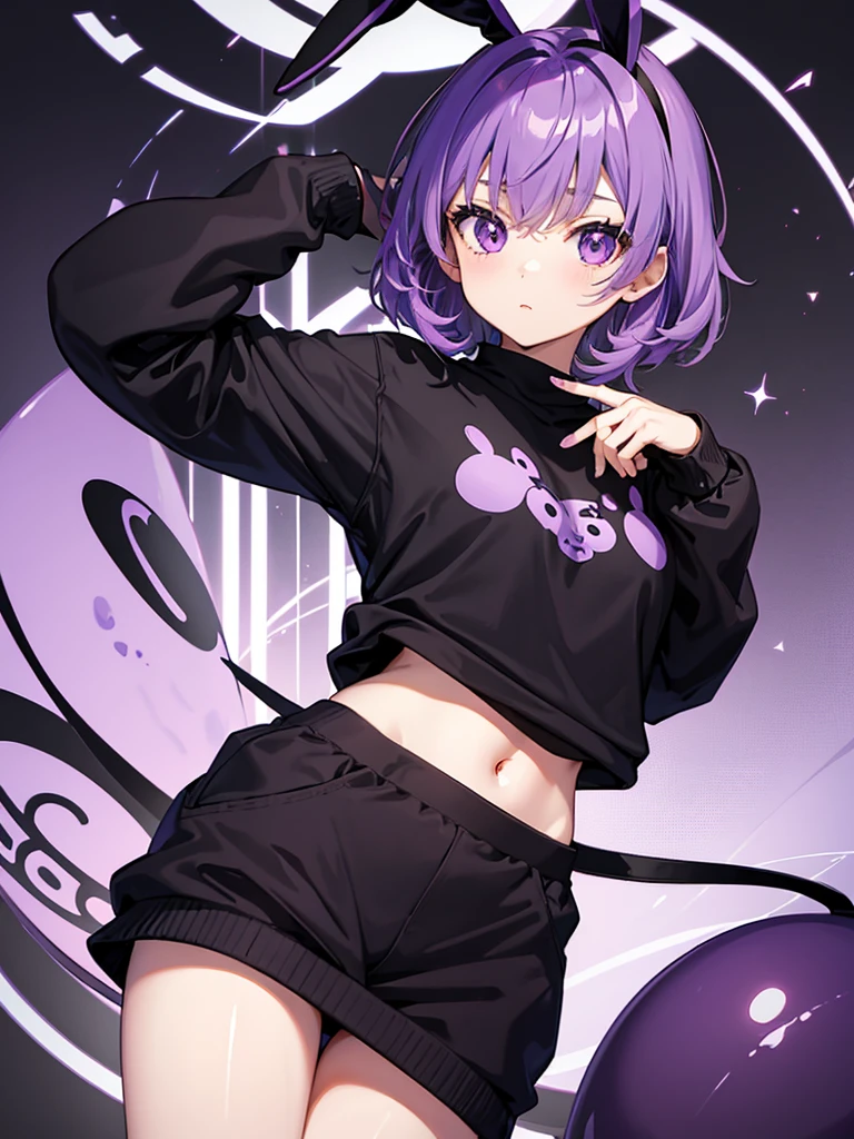  cute anime girl in black sweatshirt with short purple hair with big purple bunny ears with purple eyes