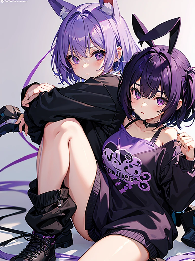 cute anime girl in black sweatshirt with short purple hair with big purple bunny ears with purple eyes