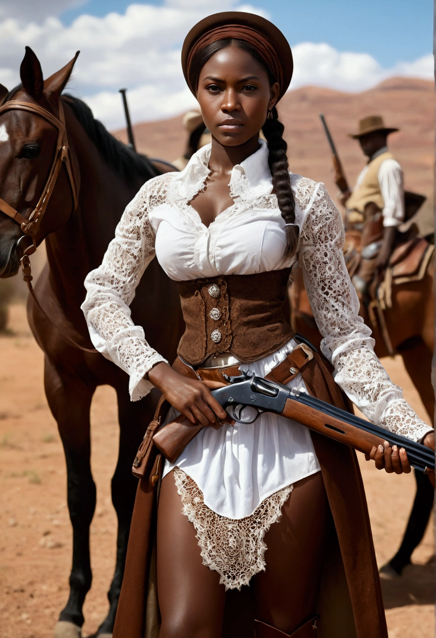 Ultra-realistic African woman, real colors, canon photography, darkskin, western film character, Sexy girl with brown eyes, ultra realist, meticulously detailed, wearing period clothes with white lace. she is holding a rifle. The image is a western film cover. insert a horse into the scene
