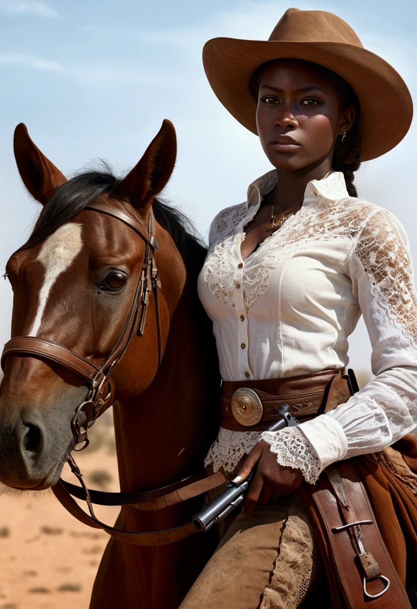 Ultra-realistic African woman, real colors, canon photography, darkskin, western film character, Sexy girl with brown eyes, ultra realist, meticulously detailed, wearing period clothes with white lace. she is holding a rifle. The image is a western film cover. insert a horse into the scene