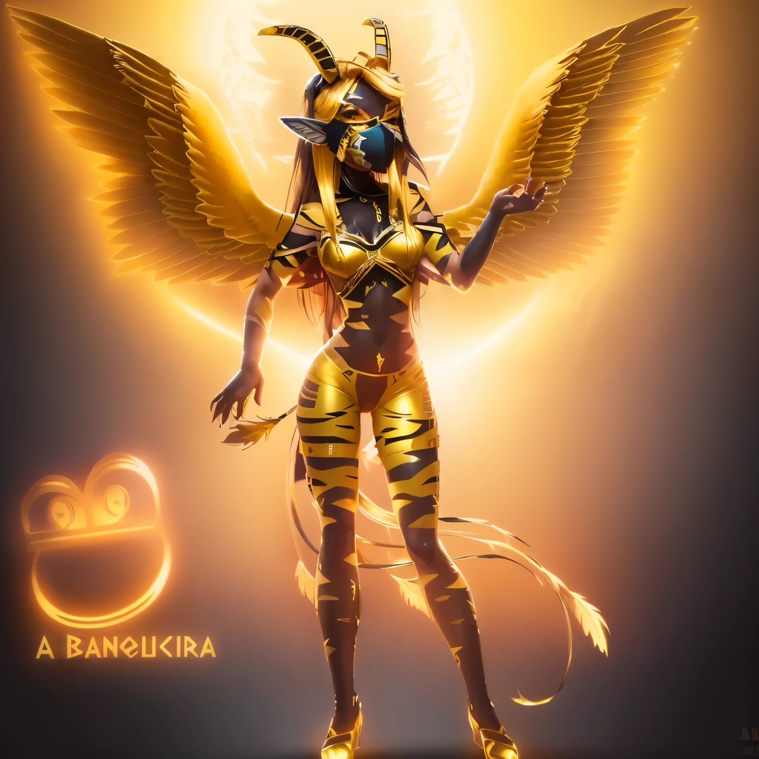 a close up of a woman in a yellow and gold costume, hair like a tiger, rabo, mask on mouth 8k 3D rendering character art, 2. anime fantasy art 5 d cgi, role model | artgerm, artgerm ; Motor irreal 3d, extremely detailed artgerm, girl angel knight, harpy girl inka, glamorous angewoman digimon, not artistic style of Quetzecoatl, avian!!! furson,harpy girl, alebrijes aesthetic, long haired humanoid furson, official fanart, uma criatura mítica com antlers grandes. Woman masks her mouth. pelos tipo trige. mouth mask. Full of gold coins, tigre, lioness, antlers