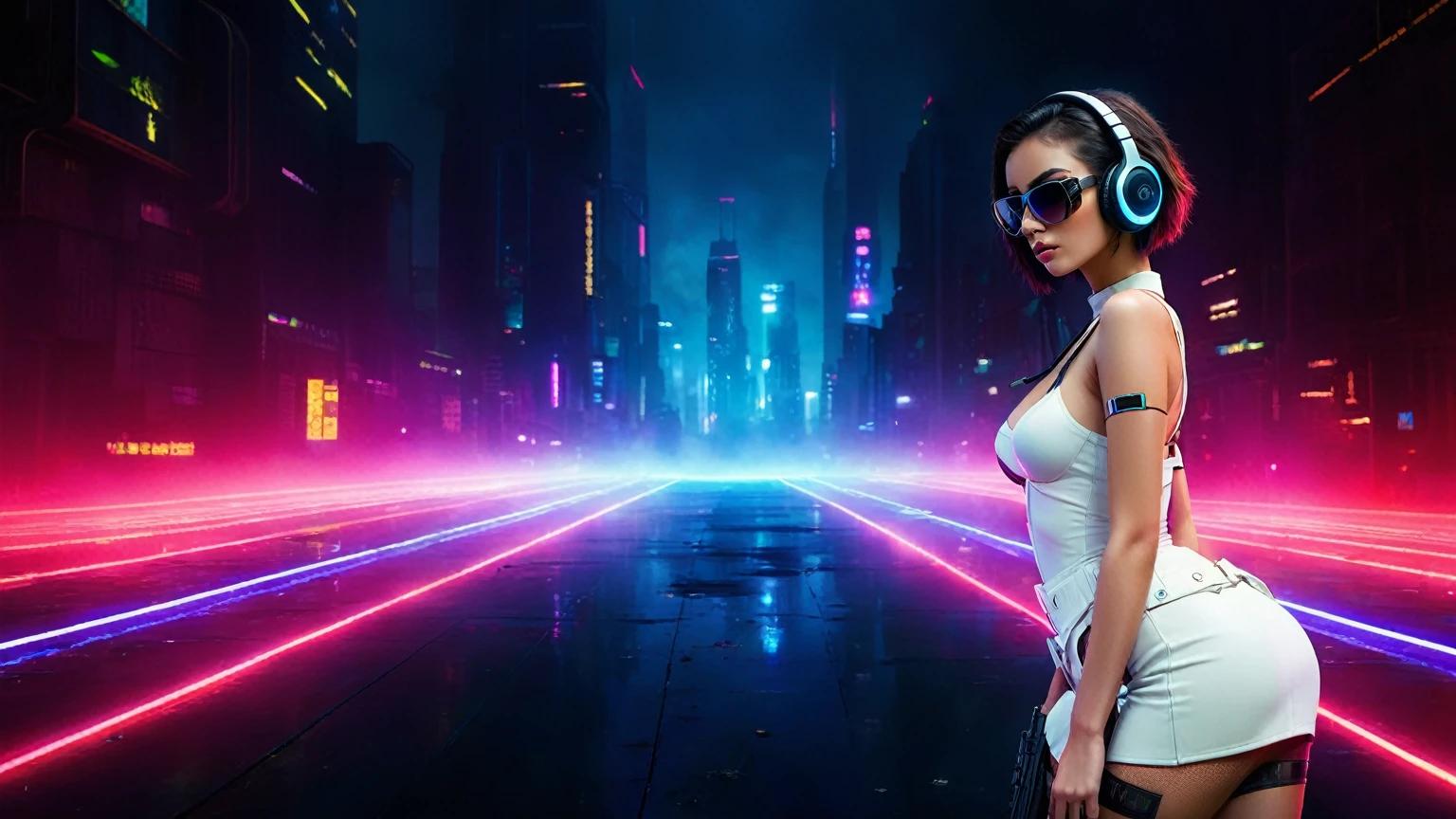 dark futuristic landscape, at night, neon lights, Atmospheric fog, large buildings in the background, futuristic city, streets with open shops, skyscraper (postapocalyptic city:1.3). (((1girl, solo, alone))), large-breast:1.2 slim body, cleavage:1.1, sexy miniskirt, (((headphone, black sunglasses, standing and holding pistol pose))), (((half-body thigh level medium shot))), cinematic lighting, lens flare, ray tracing.