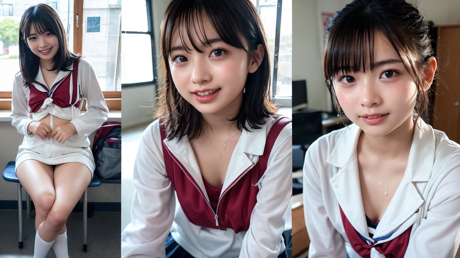 (2Split Photo:1.3)、Magazine Cover:1.3、Japanese,,Innocent face,Teenage Girle,Primary school students,Private elementary school,uniform,Carrying a small red backpack,Summer clothes,Sitting、front、Cute smile、Laugh with your mouth wide open、((Semen dripping from the mouth:1.2))、Mouth full of semen:1.5、A lot of semen on the tongue、Thick semen、whole body、Full Body、Semen dripping from the genitals、You can see the nipples、Not wearing a bra