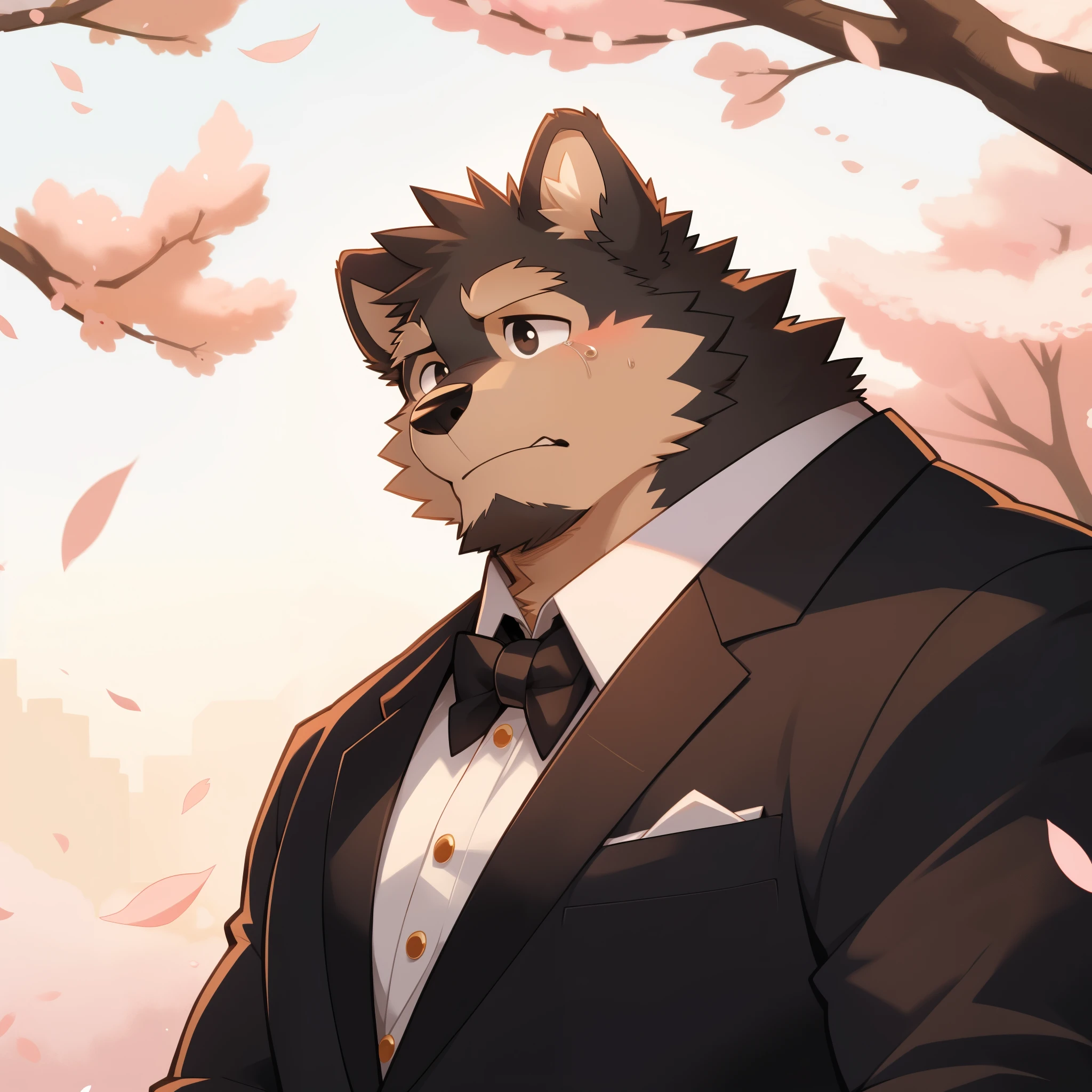 Scribble 德国牧羊dog face,cry,Humanity(dog),(Formal wear:1.3),Muscular,(Brown eyebrows:1.1),(Close one eye:1.2),(Perfect black eyes),Cherry blossoms,Black fur。(artist:Takemoto Arashi)