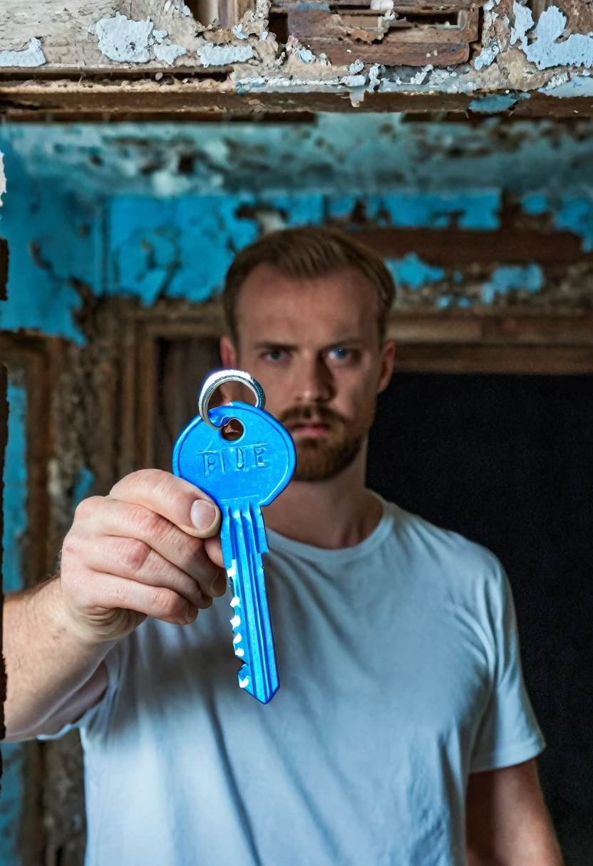 White man holding a blue key, the man is half sideways, in an abandoned house, ominous background.