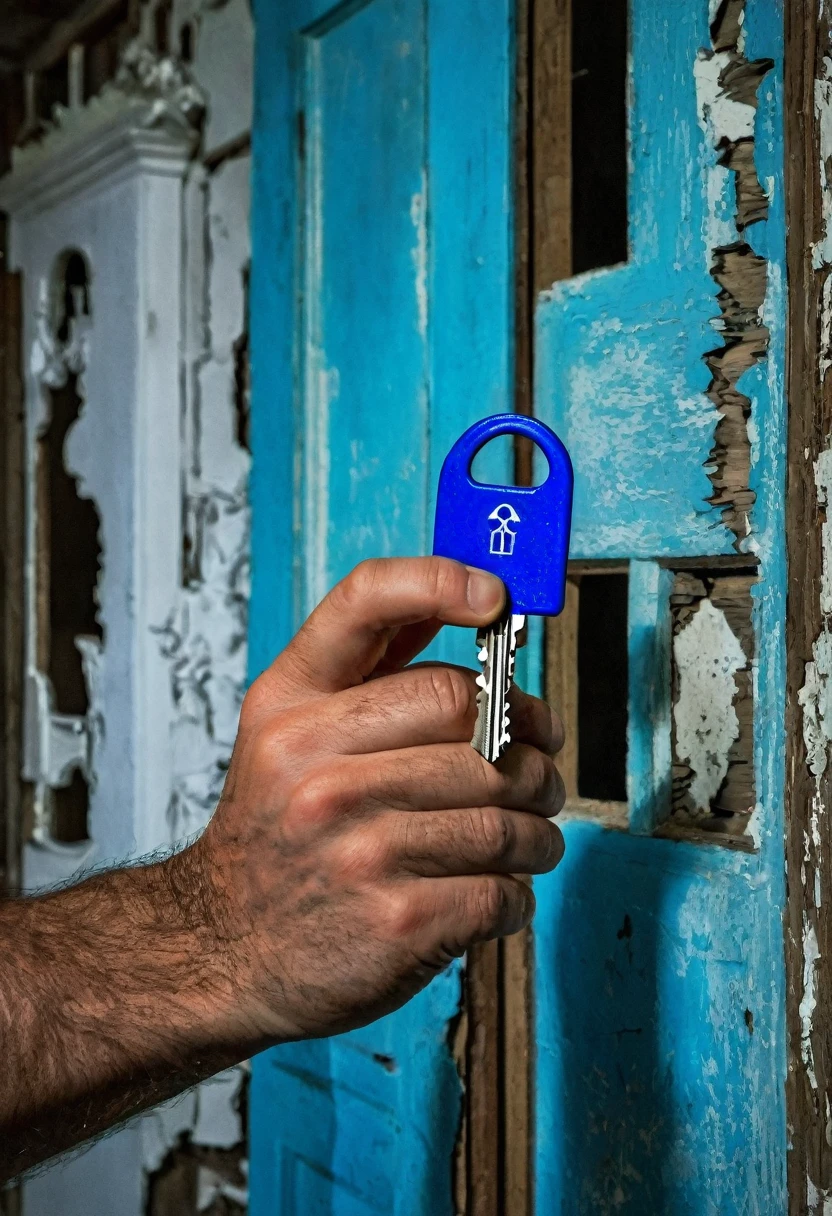 White man holding a blue key, the man is half sideways, in an abandoned house, ominous background.