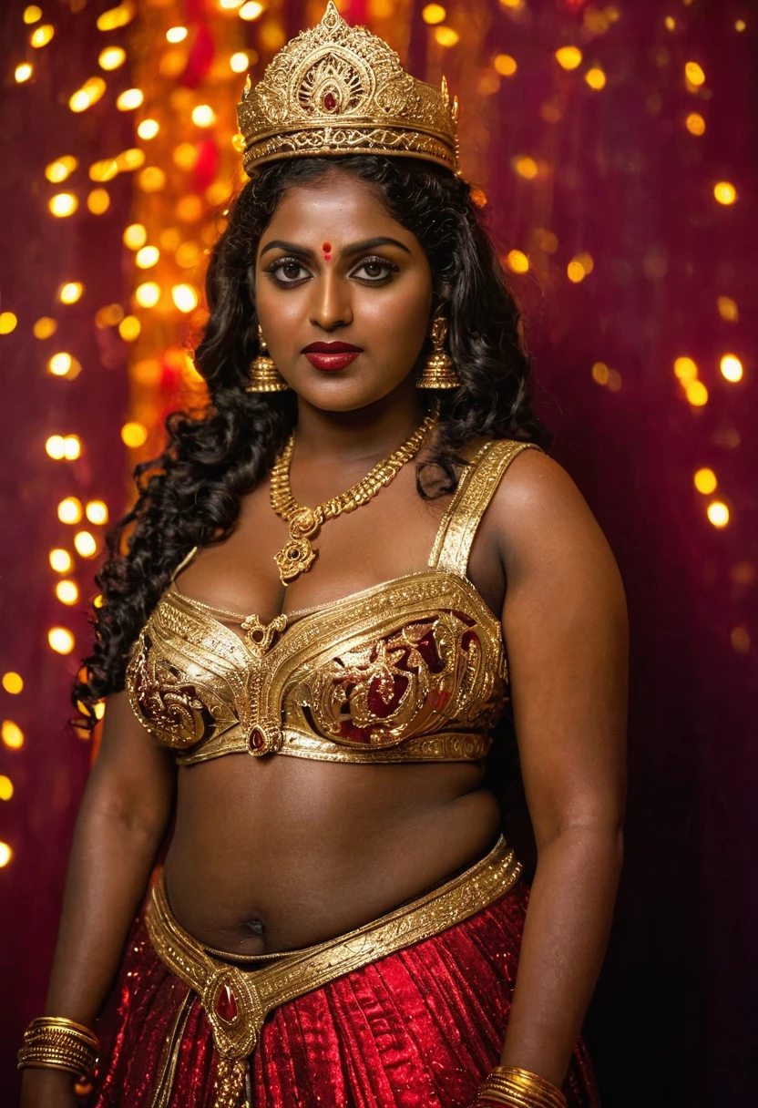 (((photo of a ancient kerala crowned temple goddess ))), (((black kali))) , (((Half Body))), (((very dark skin))), (((45 years old))), (((((very dark nipple and areola))))) (((plus size chubby tall))), (((huge busty milky wet big massive boobs))), (((nude thick thigh))), (((ancient black mini skirt))), ((black skin dark body)), (((red ornaments))), (((depth of field))), ((( flame bokeh))), (((rain))), ((( flashing light leaks))), (((divine))), photorealistic,photo, realism, Getty Images, RAW candid cinema, 16mm, colour graded portra 400 film, remarkable colour, ultra realistic, textured skin, remarkable detailed pupils, realistic dull skin noise, visible skin detail, skin fuzz, dry skin, shot with cinematic,light leaks, RAW Image, DOF, depth of field,bokeh