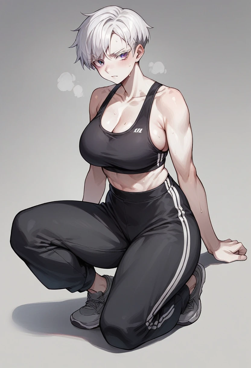 1 girl, short, pixie cut, white hair, white eyelashes, purple eyes, Japanese, white skin, large breast, full body, black sports bra, white haori, grey sweat pants