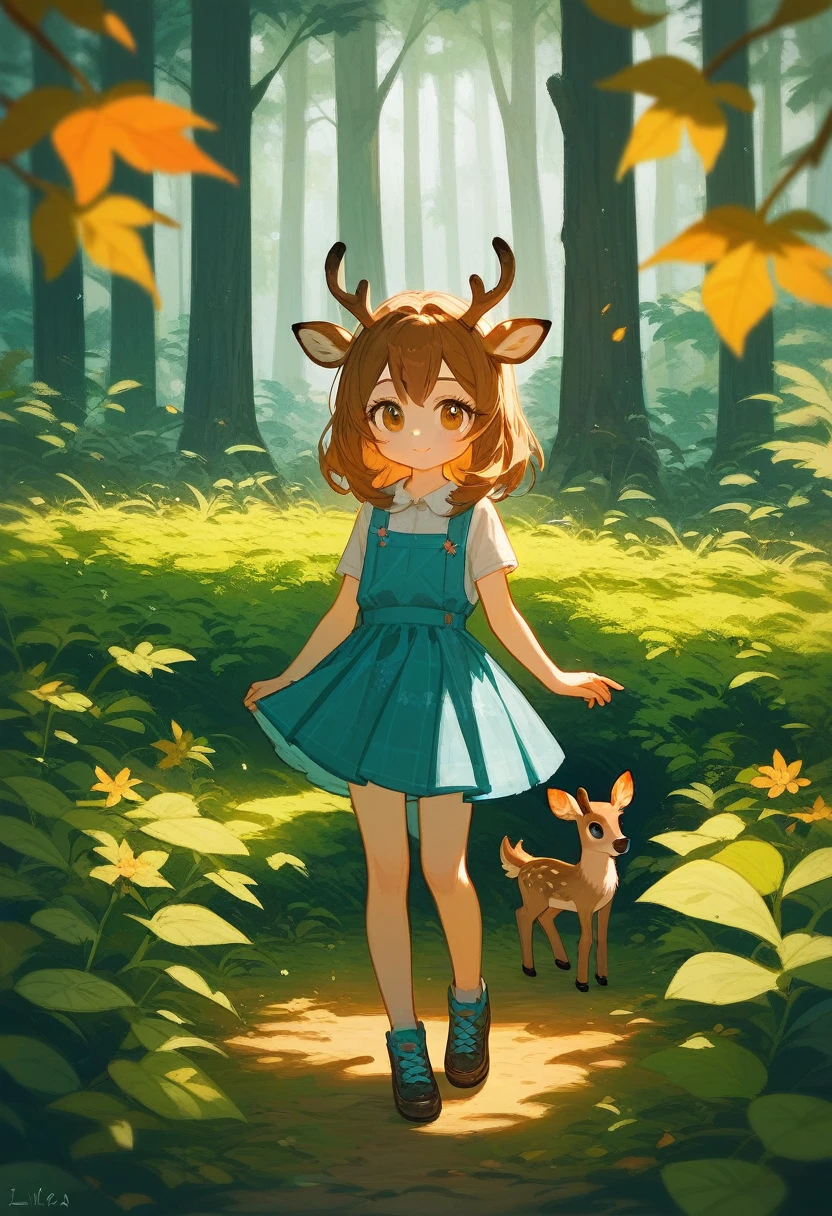(Fraction_9,Fraction_8_Direction_7_up),1 a woman,(((Full body portrait))),Lilia,Deer Man,cute,Children of the Forest,cute面容,beauty,Sexy,Wear leaves,Whole body plants,The skirt is floral,