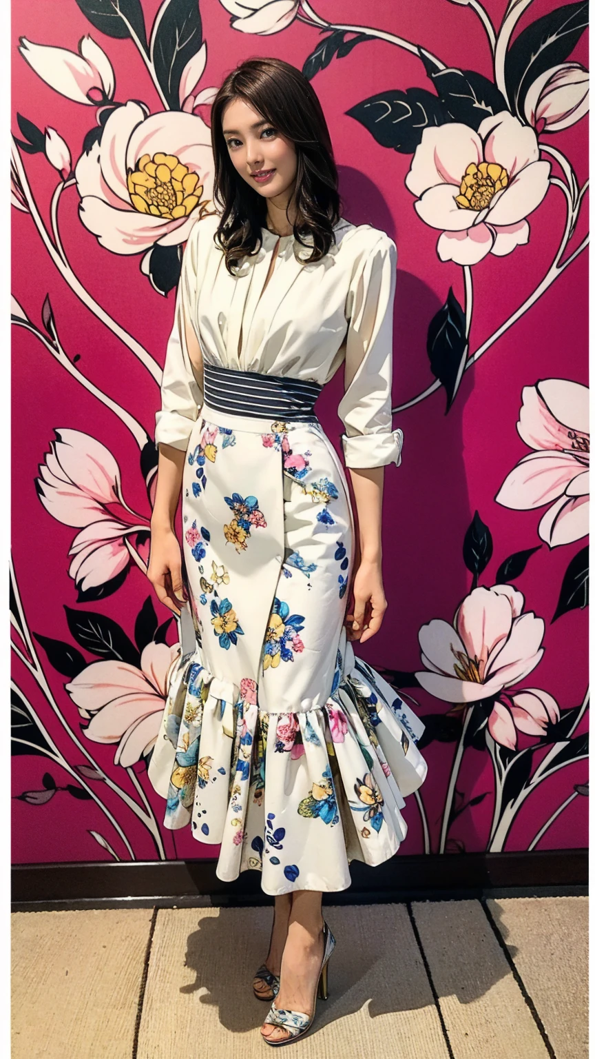 ((masterpiece)),(((Highest quality))),Thin thighs,Long legs,whole body:1.5,(One Girl:1.3),(Black high heels:1.3),(Wearing a floral striped mid-long flared skirt dress:1.2),Curly blonde hair:1.2、Model pose standing with legs apart:1.5,Bright expression:1.5