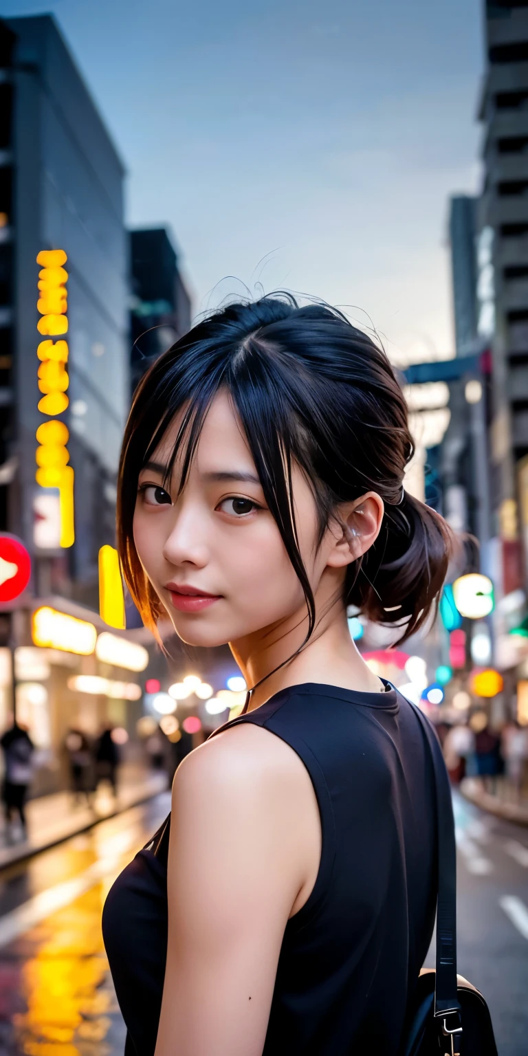 1 girl, Tokyo Street,night, Streetscape,City lights,Upper Body,close,smile,, (8k, RAW Photos, Highest quality, masterpiece:1.2),(Realistic, photo-Realistic:1.37),