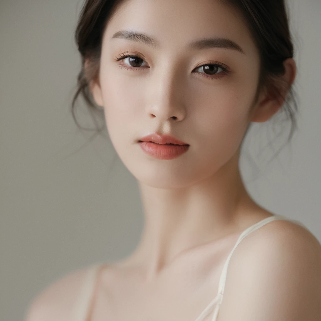 Closeup frontal angle portrait photo of a blonde Natural young Korean woman, still from the film, ((solo)), (Anne Hathaway look alike face: 0.9), smiling, with Nude Makeup Look, A makeup style that uses neutral tones to create a subtle, barely-there appearance, highlighting natural beauty, clean background, Leica SL3, Summicron-SL 75 f/2 ASPH, kodak gold 200 film, bare shoulder, dynamic action pose,
