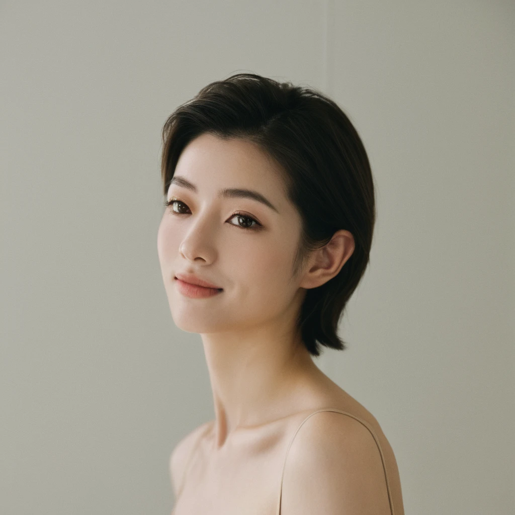 Closeup frontal angle portrait photo of a blonde Natural young Korean woman, still from the film, ((solo)), (Anne Hathaway look alike face: 0.9), smiling, with Nude Makeup Look, A makeup style that uses neutral tones to create a subtle, barely-there appearance, highlighting natural beauty, clean background, Leica SL3, Summicron-SL 75 f/2 ASPH, kodak gold 200 film, bare shoulder, dynamic action pose,