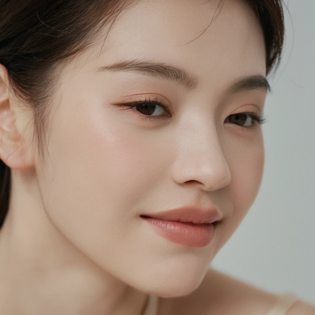 Closeup frontal angle portrait photo of a blonde Natural young Korean woman, still from the film, ((solo)), (Anne Hathaway look alike face: 0.9), smiling, with Nude Makeup Look, A makeup style that uses neutral tones to create a subtle, barely-there appearance, highlighting natural beauty, clean background, Leica SL3, Summicron-SL 75 f/2 ASPH, kodak gold 200 film, bare shoulder, dynamic action pose,