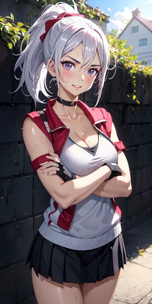 realistic, 1girl, ponytail, parted lips, blush, makeup, light smile, white hair, sportswear, skirt, wet clothes, glow, thighs, purple eye, bare shoulders, collarbone, narrow waist, sunbeam, sunlight, rose, wind, cleavage, (masterpiece), sweat, (best quality:1.2),solo,1girl,mdrin,smile,looking at viewer,crossed arms,ponytail,v-shaped eyebrows,white jacket,red shirt,fingerless gloves,black skirt,choker