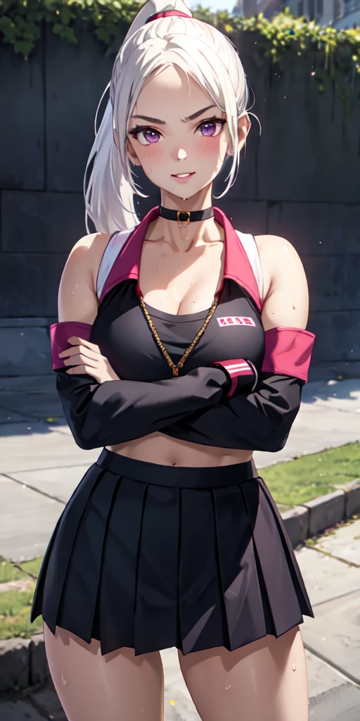 realistic, 1girl, ponytail, parted lips, blush, makeup, light smile, white hair, sportswear, skirt, wet clothes, glow, thighs, purple eye, bare shoulders, collarbone, narrow waist, sunbeam, sunlight, rose, wind, cleavage, (masterpiece), sweat, (best quality:1.2),solo,1girl,mdrin,smile,looking at viewer,crossed arms,ponytail,v-shaped eyebrows,white jacket,red shirt,fingerless gloves,black skirt,choker