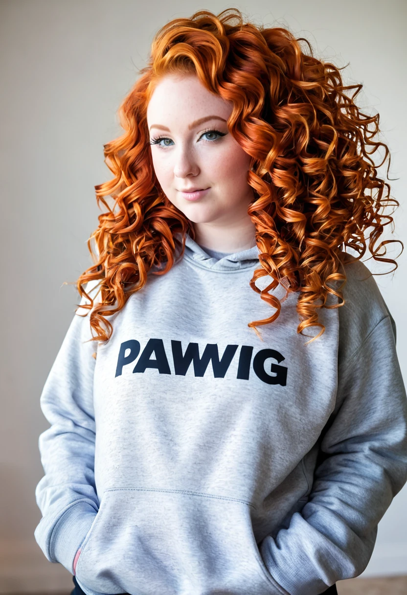 Teen, pawg, redhead hair, curly hair, with sweatshirt