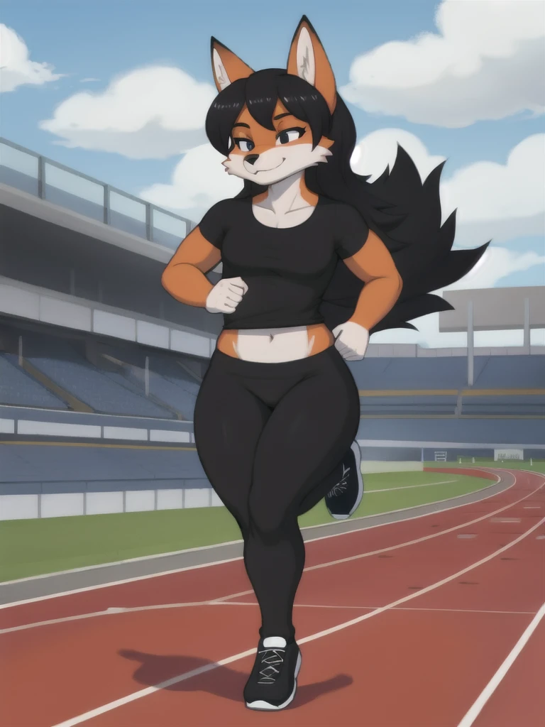Furry, fox, female, black shirt, black leggings, shoes, running track, solo, full body