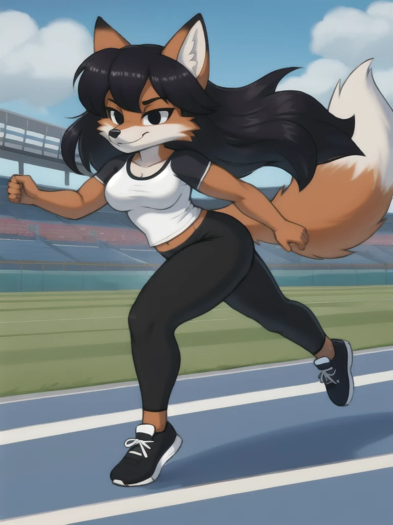 Furry, fox, female, black shirt, black leggings, shoes, running track, solo, full body