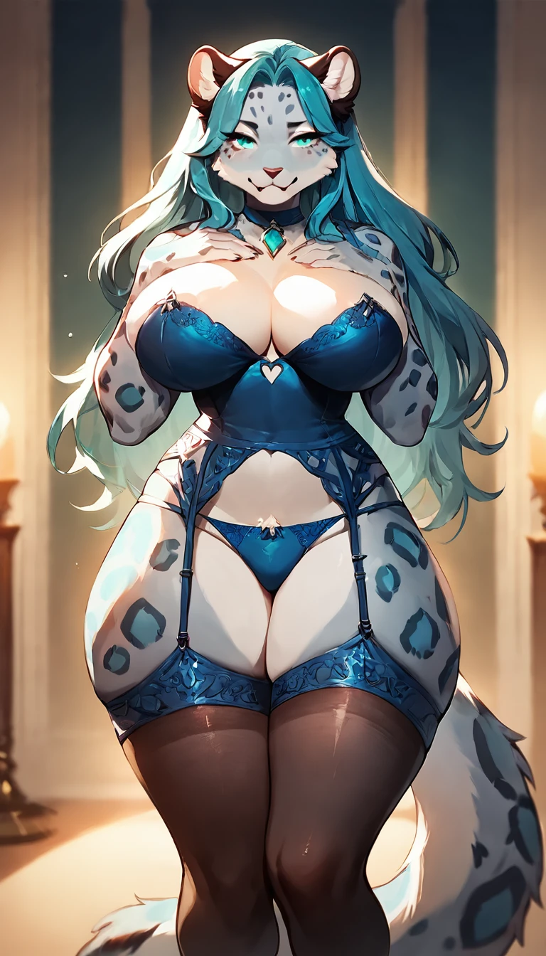 score_9, score_8_up, score_7_up, score_6_up, score_5_up, score_4_up, (solo), female anthro Snow leopard, lingerie dress, garter belt tights, lusty, fluffy body, black long hair, turquoise eyes, (thick thighs:1.4) sex partial clothes , giant breasts , ] (blue panties) (blue dress)