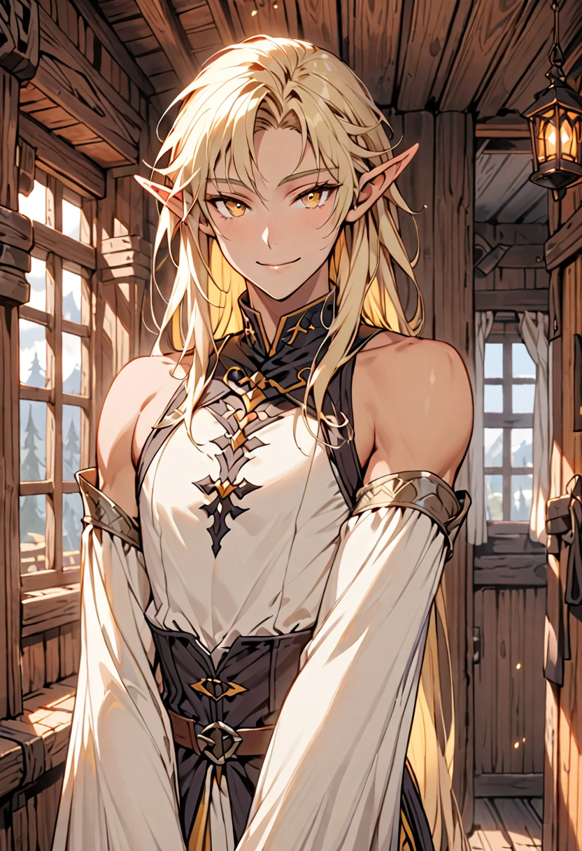 male, solo, very tall, large, slim waist, fit, long luscious blonde hair, yellow eyes, elf, light tan skin, broad shoulders, clean shaven, blushing heavily, fit arms:0.7, cabin indoors, bare shoulders, revealing medieval clothes, young feminine male, smile, shy pose