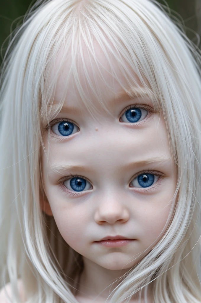 an albino girl, Long hair with waves, blue eyes, long eyelashes separated by groups, face with soft and delicate features,