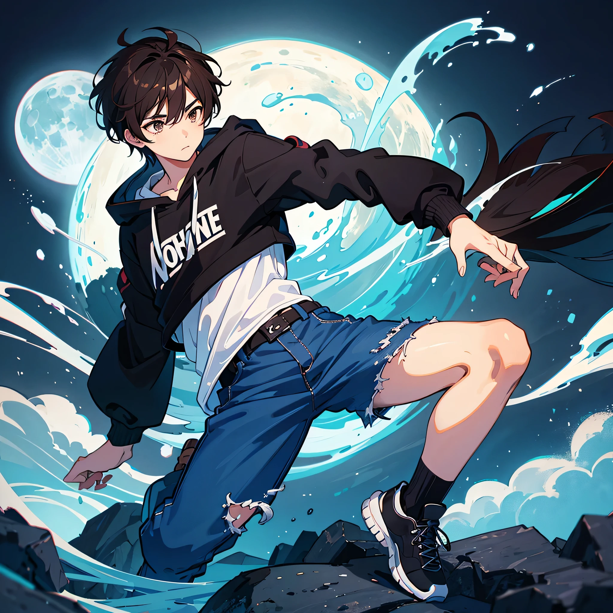 a boy with dark brown hair, dark brown eyes, white moon necklace, white  shirt, black hoodie, dark blue jeans, black sneakers.