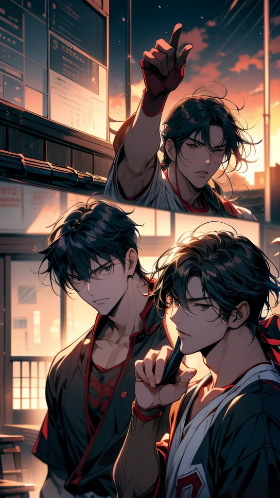 Anime baseball players high-fiving during a game, Akihiko Inoue and Ross Tran, Rob Ray and Kentaro Miura Style, Renji Murata and Artgerm, 🚿🗝📝, Katsuhiro and Inio Asano, makoto shinkai and (Cain Kuga), 8k!, 8k!!, High quality fan art