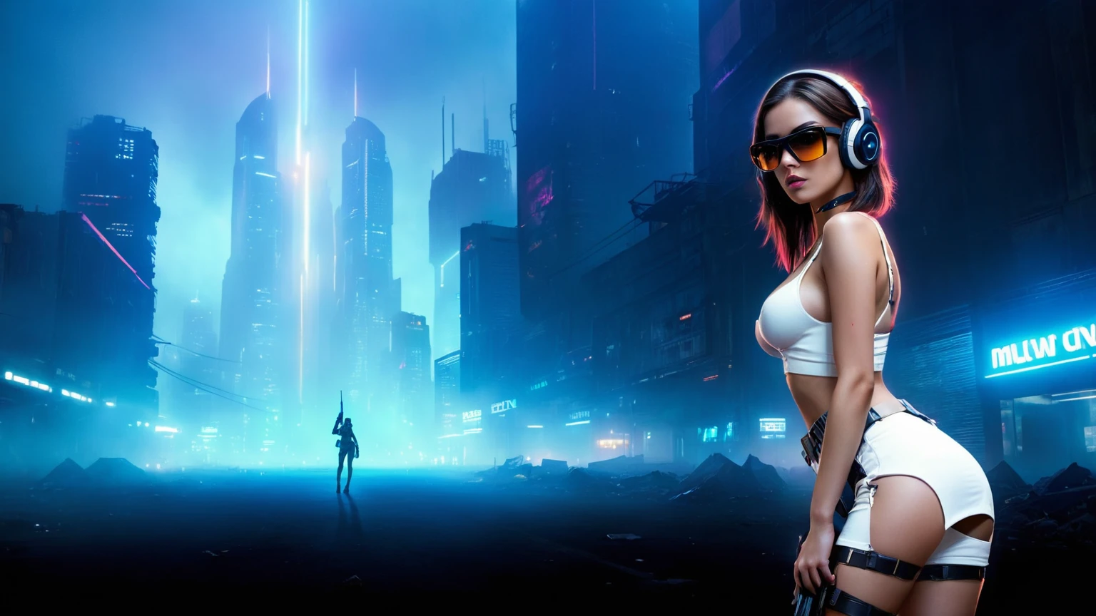 (((a large-breast bikini slim GIRL))), a balcony of a futuristic building, aerial view of an ultra-futuristic megalopolis, many metal buildings and houses in dark colors from dark blue to black, a cidade tem tons de cinza metal, has smoky metal structures , industrial environment with smoke and fog around, carros escuros nas ruas, desert megalopolis, trilhos e trens modernos de de metal passando estre as ruas da cidade, tall futuristic metal buildings, many ultra modern buildings around, realistic, detailed, Science fiction
