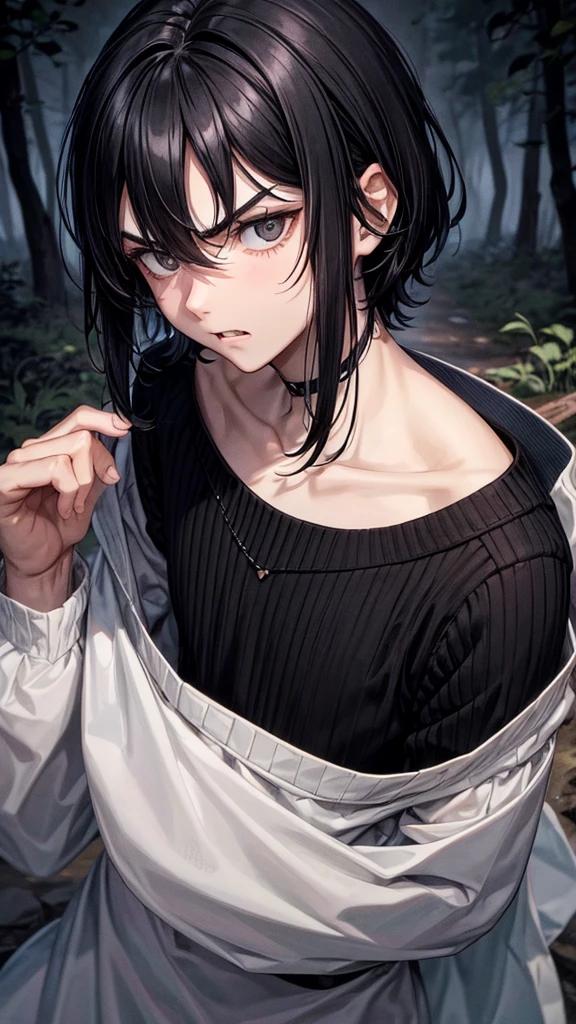 *Boy with neck-length shaggy black hair and black eyes, white skinned and a little angry, a pretty and tender face, black sweater, with forest landscape at night*